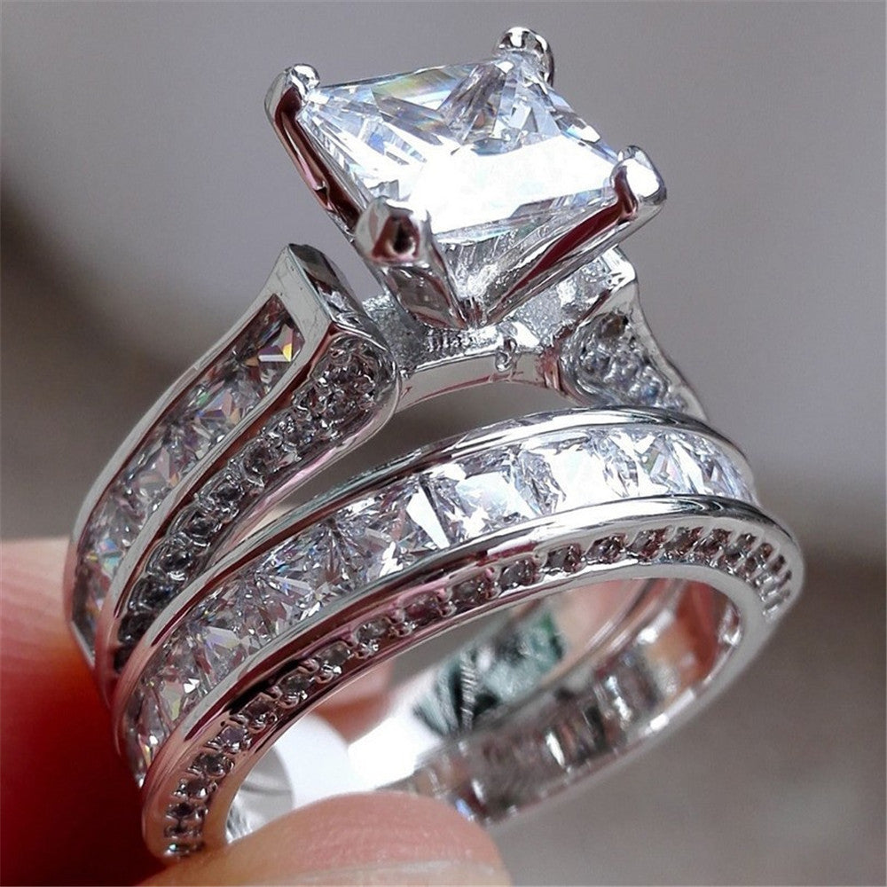 His & Her CZ Couple Rings – Silver Princess Cut Wedding & Engagement Ring Set