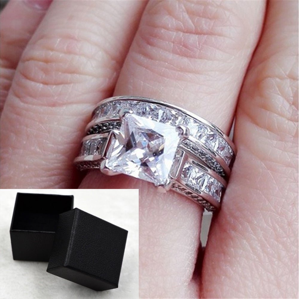 His & Her CZ Couple Rings – Silver Princess Cut Wedding & Engagement Ring Set