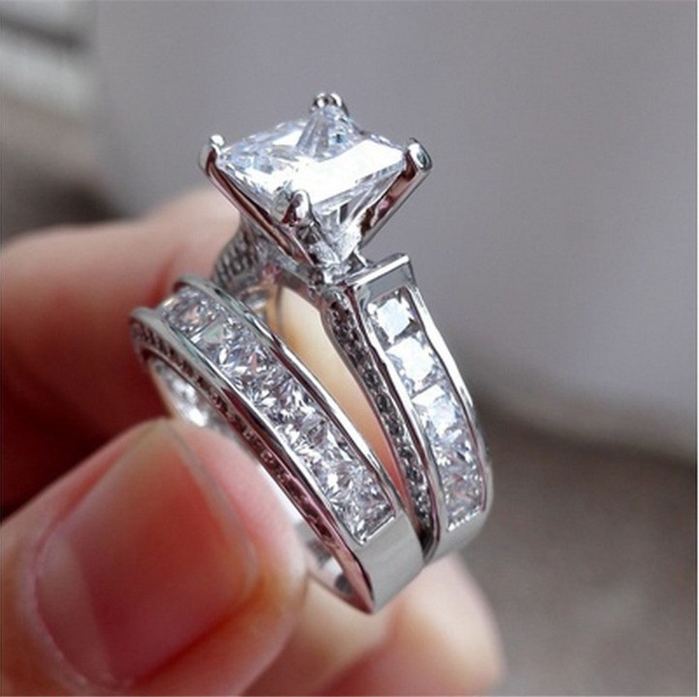 His & Her CZ Couple Rings – Silver Princess Cut Wedding & Engagement Ring Set