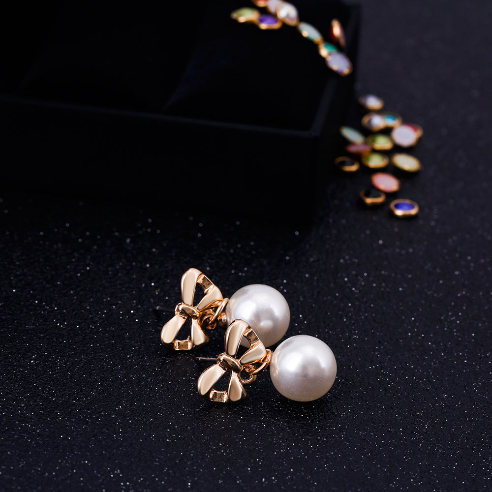 Heart-Shaped Zircon Bow Pearl Earrings – Hypoallergenic Elegant Jewelry for Women