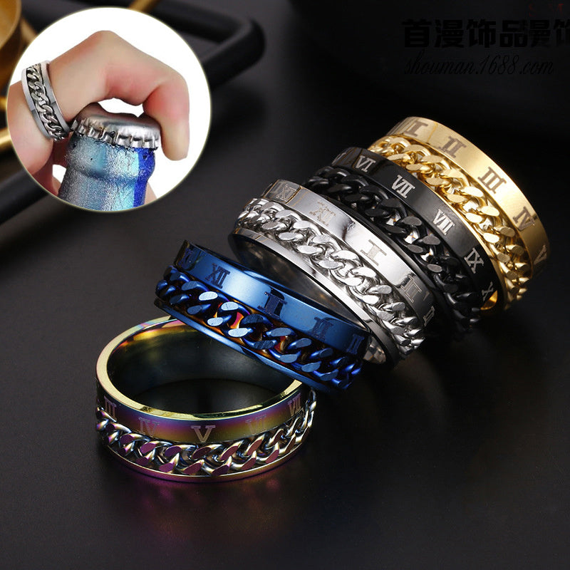 Roman Letter Rotatable Ring – Titanium Steel Digital Spinner & Bottle Opener Ring for Men & Couples
