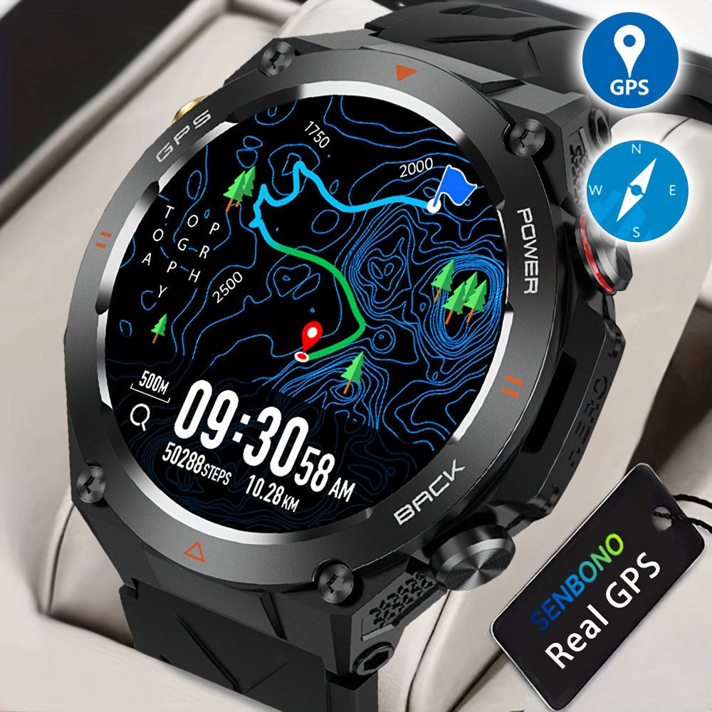 SENBONO 1.45" HD GPS Smart Watch for Men – Built-in GPS, Altimeter, Barometer, Compass, AI Voice Assistant, Fitness Tracker for Android & iPhone